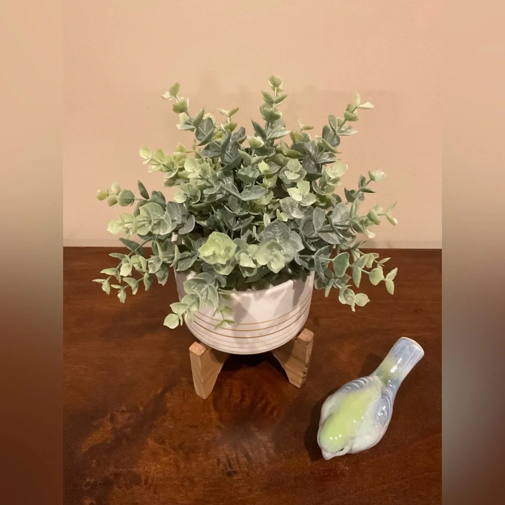 Faux Green Plant in Ceramic Pot On Wood Stand Decor 🪴